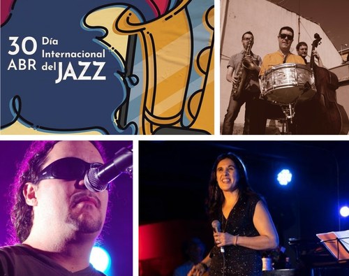 Collage alusivo al Día Internacional del Jazz, con David Viñolas Trío, arriba, y Tony Romero y Loly Ayuma, abajo.