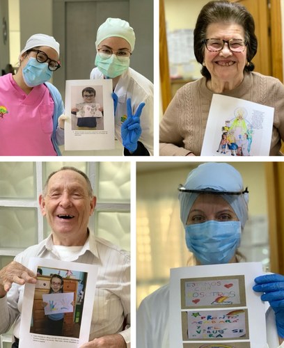 Collage de imágenes de residentes y trabajadores mostrando los trabajos enviados por los ñiños y niñas afiliados