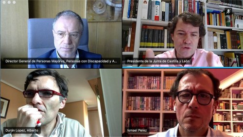 Reunión telemática de los responsables de Ilunion y de la ONCE en Castilla y León, con el presidente de la Junta, arriba a la derecha. 