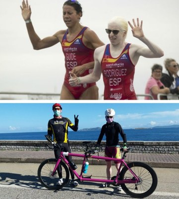 Arriba, Susana en competición junto a su guía. Abajo, entrenamiento en tandem.