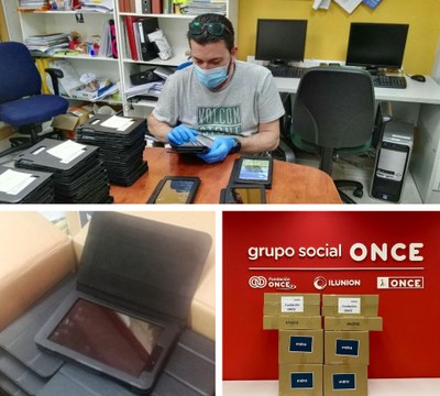 Voluntario con las tabletas donadas, arriba. Abajo, detalle de las tablets y cargamento preparado para su reparto.