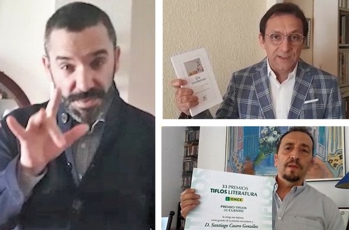 De izda. a dcha: Espinar, Velaza (arriba) y Casero, diapositivas de sus vídeos de agradecimiento