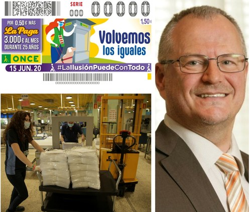 Montaje gráfico con el cupón del 15 de junio, una imagen de la Imprenta del cupón en esta nueva etapa y retrato de Patricio Cárceles