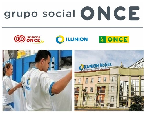 Montaje gráfico con el logo de la ONCE e imágenes de un centro de lavanderías industriales y de un hotel de Ilunion