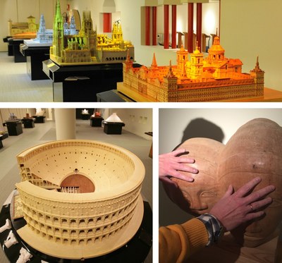 Montaje gráfico con las maquetas del Coliseo Romano y de El Escorial, que exhibe el Tiflológico, y de una persona tocando una escultura