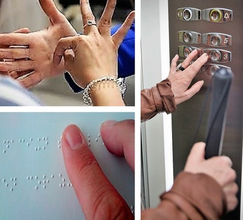Montaje gráfico con una comunicación dactilológica en mano con una persona sordociega, otra ciega tocando la botonera de un ascensor y una más leyendo en braille