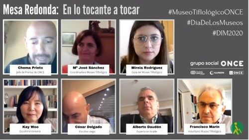 Pantalla a modo de mosaico de los participantes en la mesa redonda del Museo Tiflológico