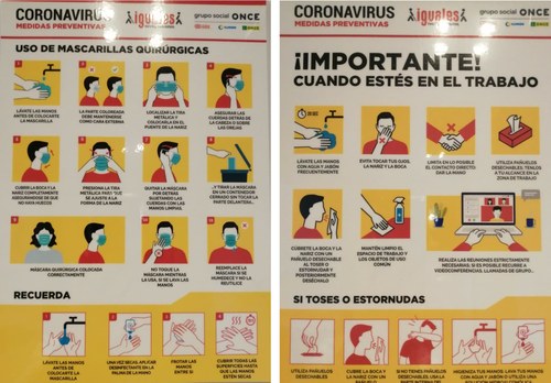 Collage con los carteles 2 y 5, sobre uso de mascarillas quirúrjicas y seguridad en el puesto de trabajo