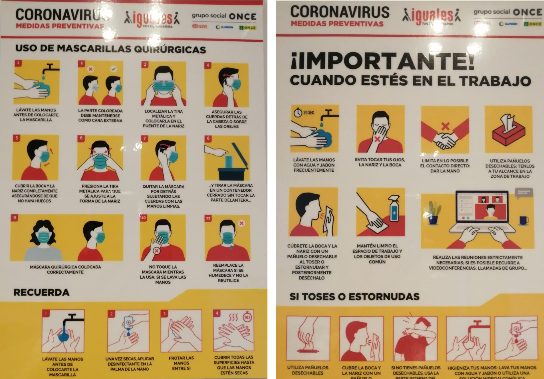 Collage con los carteles 2 y 5, sobre uso de mascarillas quirúrjicas y seguridad en el puesto de trabajo