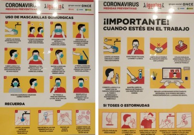 Collage con los carteles 2 y 5, sobre uso de mascarillas quirúrjicas y seguridad en el puesto de trabajo