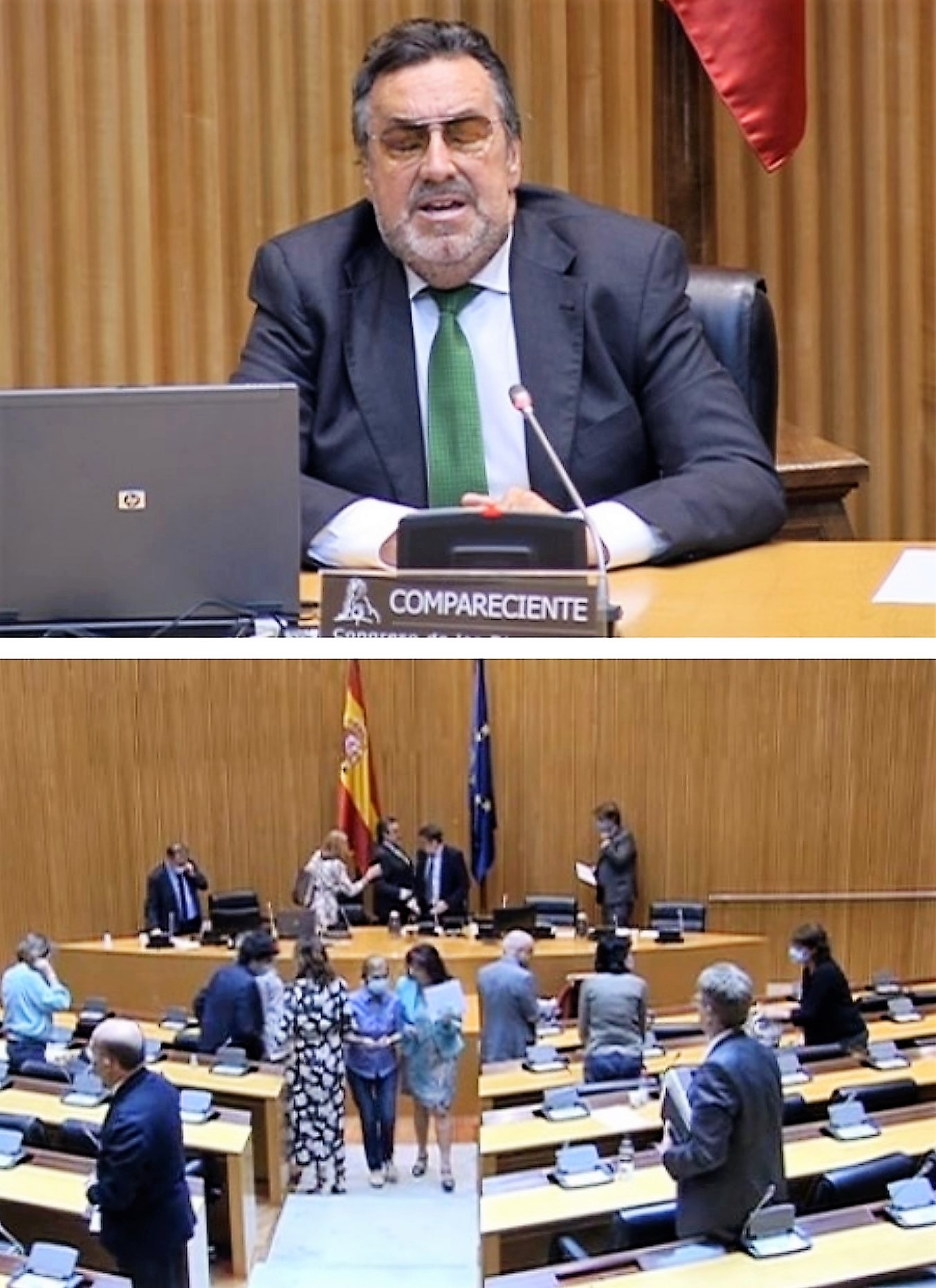 El presidente del Grupo Social ONCE (arriba) en su intervención y, abajo, saludando a los miembros de la Comisión