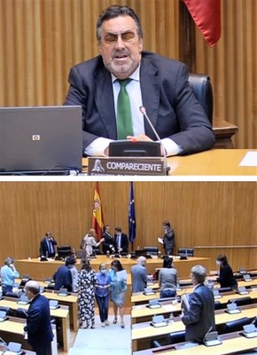 El presidente del Grupo Social ONCE (arriba) en su intervención y, abajo, saludando a los miembros de la Comisión