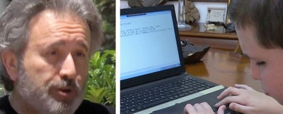 El profesor del CRE Isidre Vallès y Aresne, un joven músico afiliado catalán, siguiendo su partitura braille en el ordenador