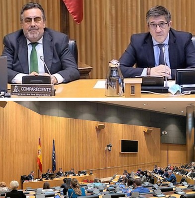 Imágenes de la intervención de Carballeda, junto a López, y de la sala de reuniones de la Comisión (abajo)