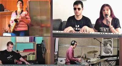Pantalla compartida por cuatro músicos afiliados en la emisiòn de 'Música a les mans'