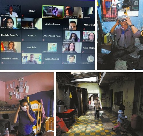 Collage de imagenes. Arriba, pantallazo del Patronato de FOAL, rodeado de tres fotos del reportaje de Wara Vargas a 17 familias de personas ciegas en Bolivia durante la pandemia