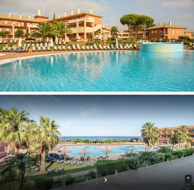 Vistas de las piscinas de los hoteles Ilunion Sancti Petri (arriba) y Calas de Conil
