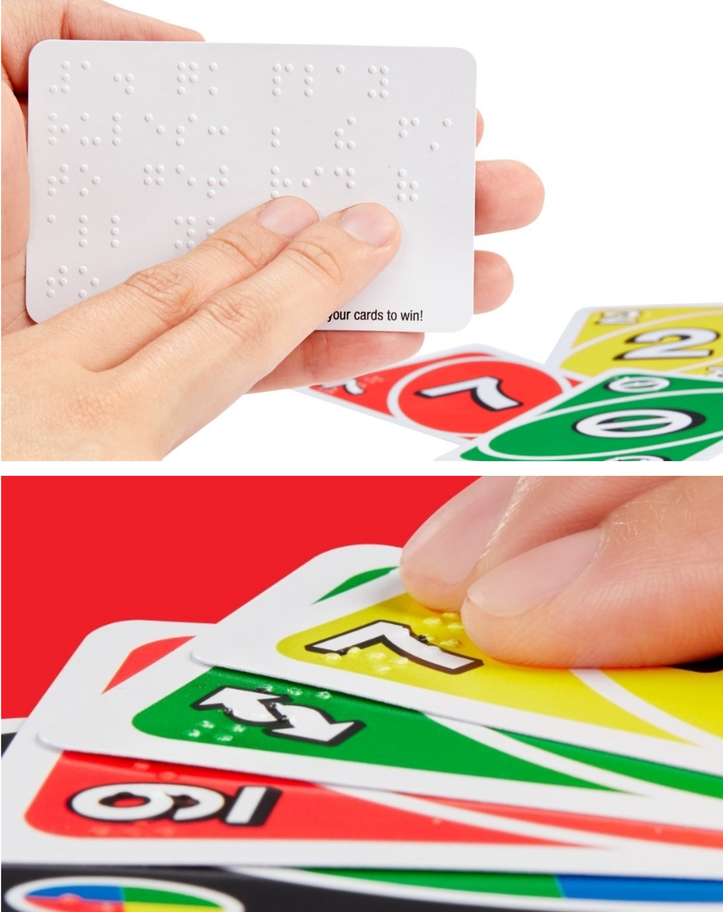 Arriba, una persona lee con sus dedos en braille las instrucciones del juego y, abajo, repasa las cartas de su jugada