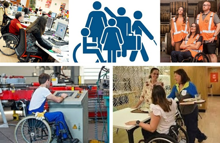 Collage de imágenes de personas con discapacidad en sus puestos de trabajo
