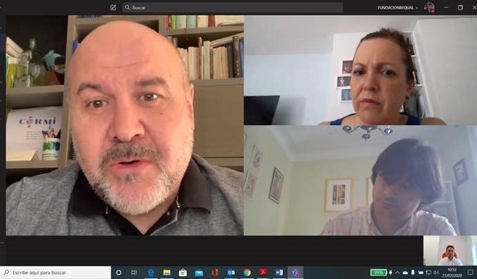 Captura de pantalla del encuentro virtual de los representantes de Bequeal con la directora general Maravillas Espín