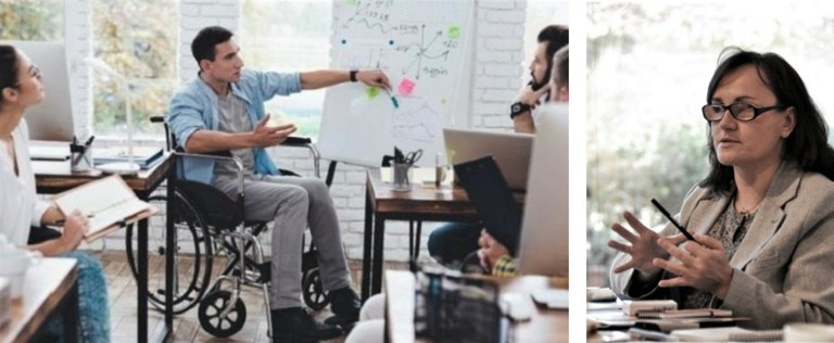 Composición gráfica: una persona con discapacidad explica un proceso a sus compañeros de trabajo; a la derecha, Sabina Lobato