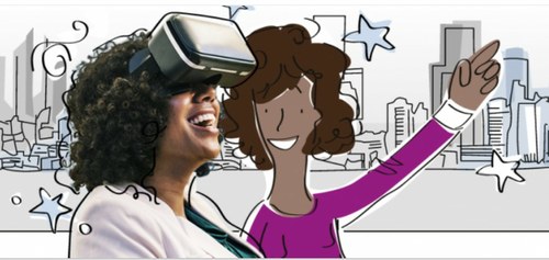 Dibujo de una mujer mostrando a otra cómo disfrutar de unas gafas de realidad virtual