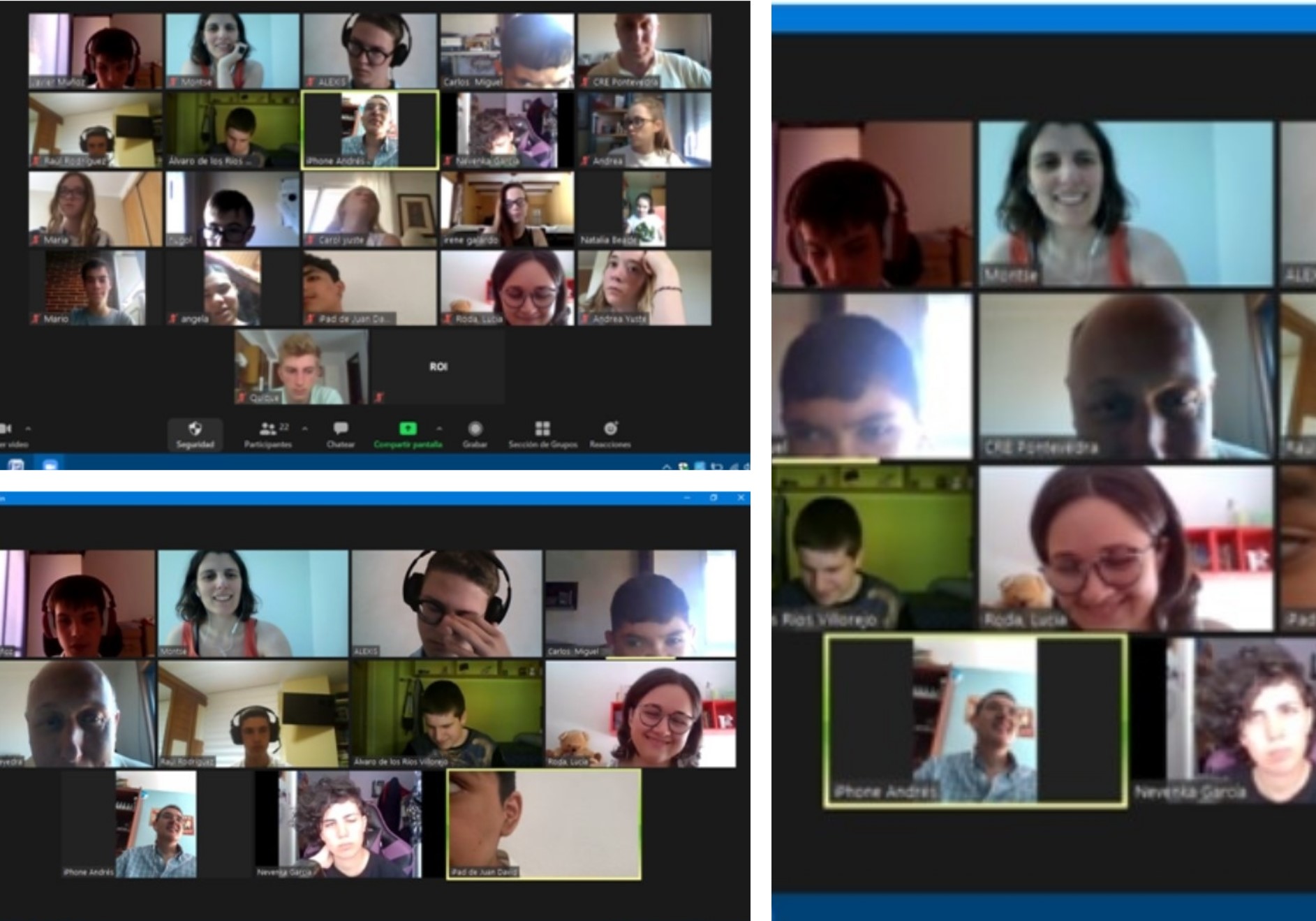 Capturas de imagen de diversas sesiones del curso telemático de inglés con sus participantes