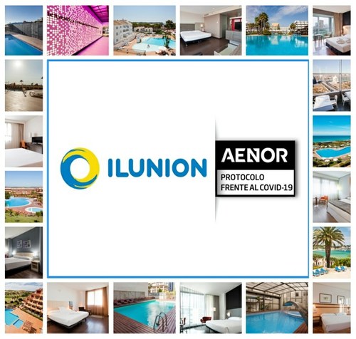 Collage de imágenes de los hoteles Ilunion con el logo de la certificación contra el Covid-19
