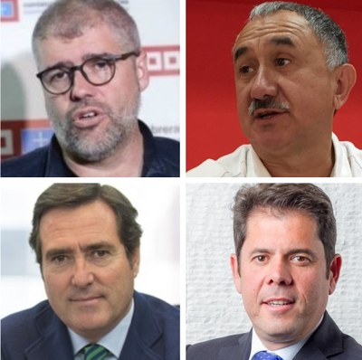 De arriba a abajo y de izquierda a derecha, los líderes de CC OO, UGT, CEOE y Cepyme Unai Sordo, Pepe Álvarez, Antonio Garamendi y Gerardo Cuerva
