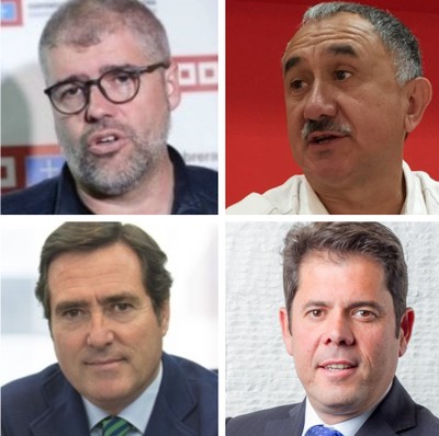 De arriba a abajo y de izquierda a derecha, los líderes de CC OO, UGT, CEOE y Cepyme Unai Sordo, Pepe Álvarez, Antonio Garamendi y Gerardo Cuerva