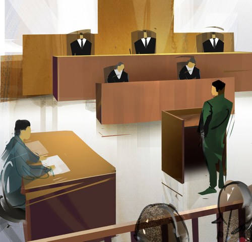 Dibujo alusivo a un proceso judicial en un tribunal