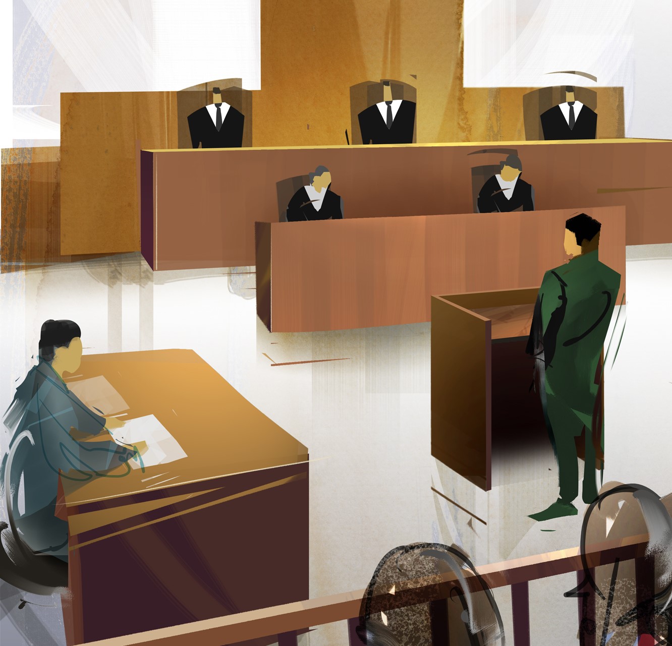 Dibujo alusivo a un proceso judicial en un tribunal