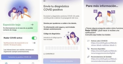 Dintintos pantallazos de la app Radar Covid