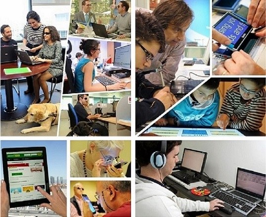 Collage de imágenes de archivo, anteriores a la pandemia, alusivas a empleo y uso de nuevas tecnologías en el entorno laboral  y educativo del Grupo Social ONCE