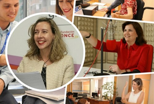Patricia Sanz, en primer plano, sobre un fondo de imágenes alusivas a mujeres trabajadoras con discapacidad