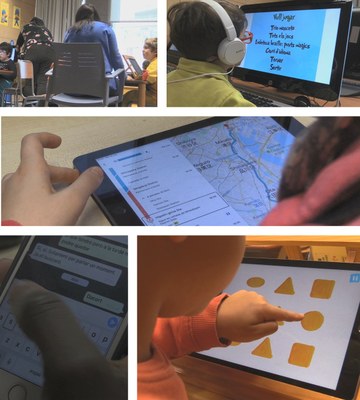 Collage de imágenes reflejando diversos entornos escolares con alumnos manejándose con distintas
