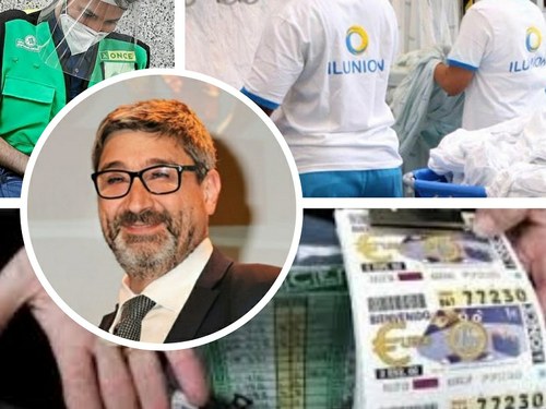 José Luis Pinto, en primer plano, con fondo de imágenes alusivas a juegos ONCE e Ilunion