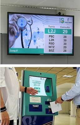 Montaje gráfico con el sistema de asignación electrónica de turnos de paso en un centro de salud
