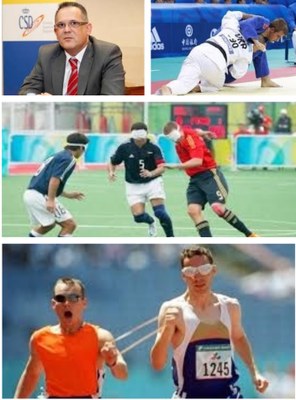Montaje gráfico con la imagen de Gómez Blázquez junto a la de tres escenas de deportes para ciegos