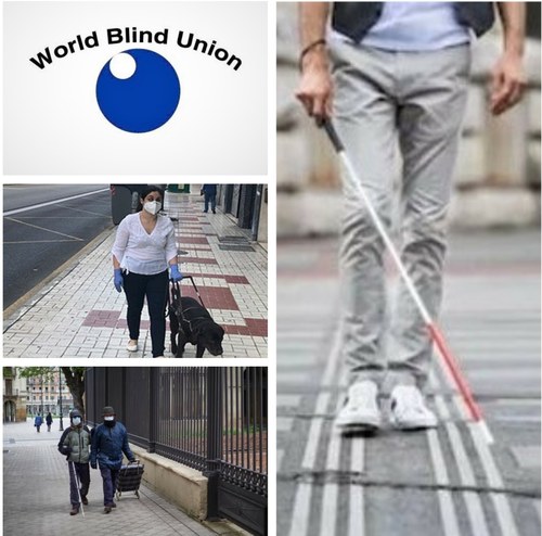 Montaje gráfico con el logo de la Unión Mundial de Ciegos y de escenas de varias personas circulando con bastón blanco o perro guía durante la pandemia