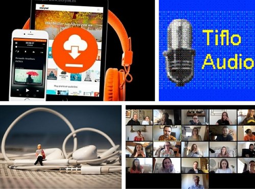 Montaje gráfico con imágens de un audiolibro, un chat audiovisual de amigos y otros referentes sonoros 
