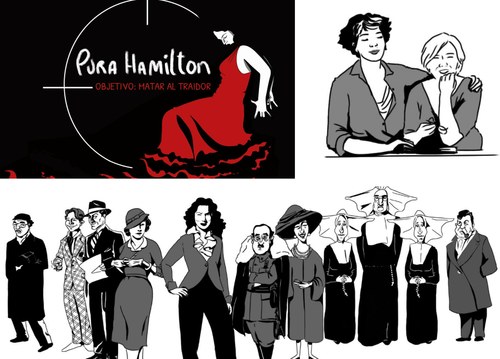 Montaje gráfico con la portada del libro, un dibujo/retrato de las dos autoras (realizado por la propia Nathalie Bellón) y la galería de personajes de la historia