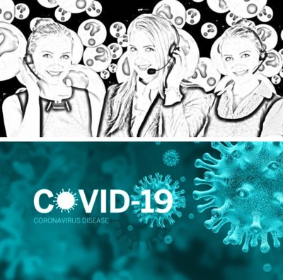 Montaje gráfico con un dibujo de unas agentes de call-center y otro representativo del coronavirus