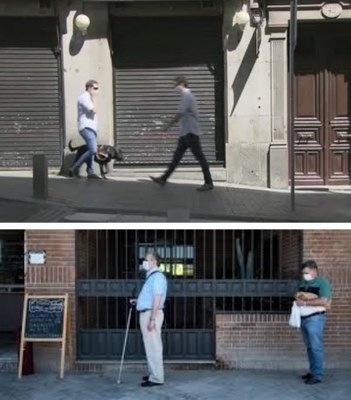 Una persona ciega paseando con su perro guía y (debajo) otra haciendo una cola ayudada por su bastón blanco