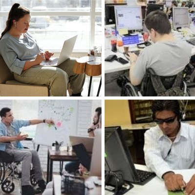 Collage con las imágenes de cuatro personas con discapacidad en distintas escenas laborales
