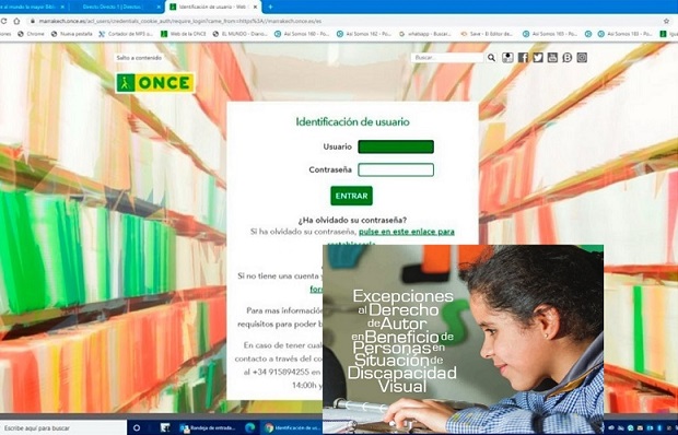 Collage de imágenes alusivas al Tratado de Marrakech. Fondo con el pantallazo de acceso al portal web habilitado por la ONCE 
