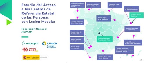 Montaje gráfico con la portada del informe (a la izquierda) y el mapa de distribución de centros de referencia en toda España
