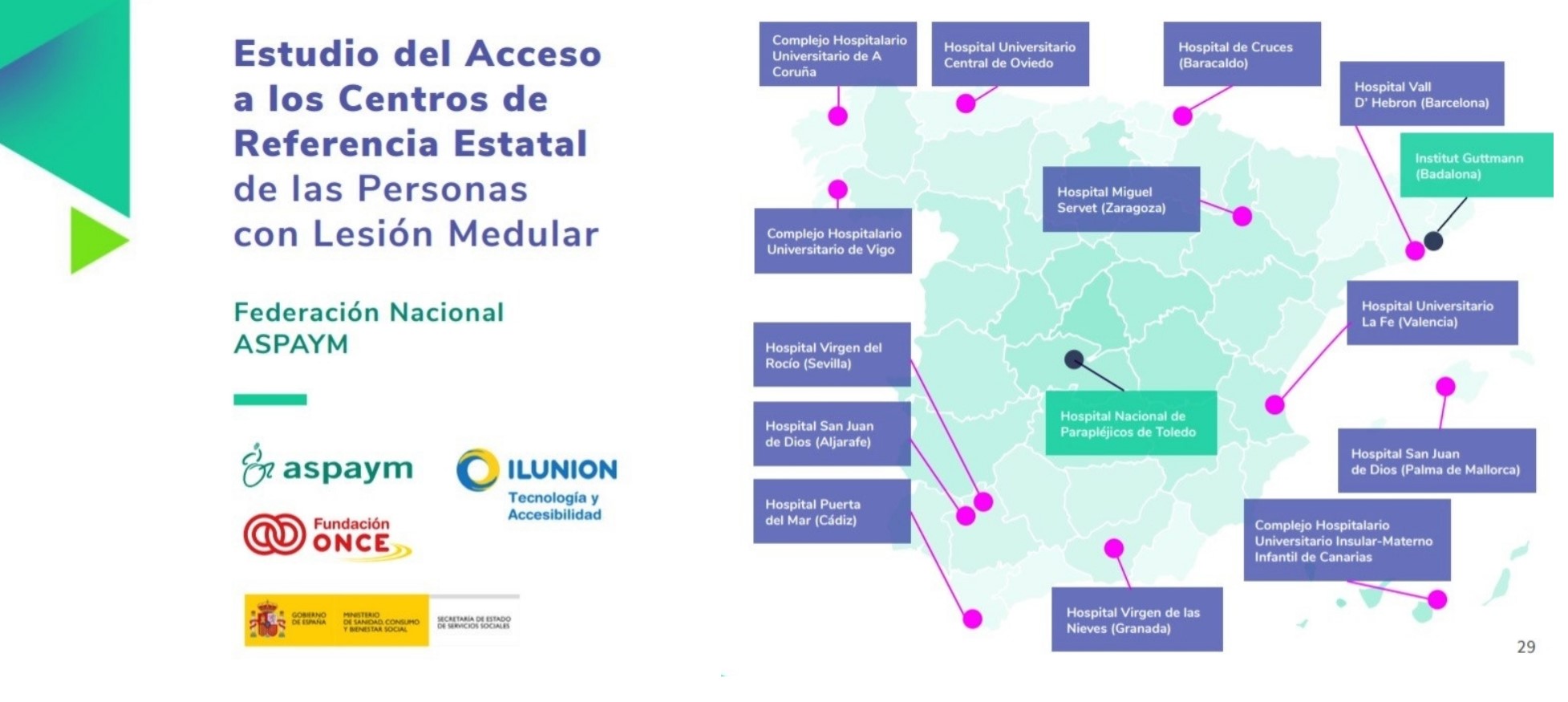 Montaje gráfico con la portada del informe (a la izquierda) y el mapa de distribución de centros de referencia en toda España