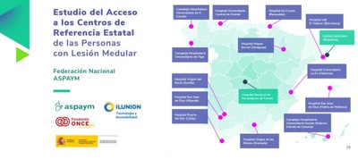 Montaje gráfico con la portada del informe (a la izquierda) y el mapa de distribución de centros de referencia en toda España