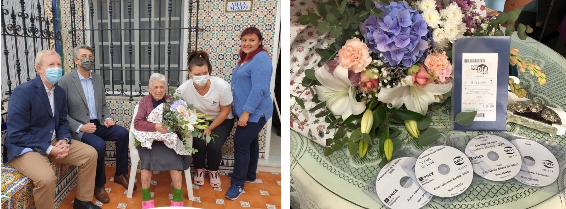 Representantes de la ONCE y vecinas de Pilar la rodean en el día de su cumpleaños